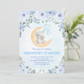 Blauer Blumenelefant-1. Geburtstags-Party Einladung (Stehend Vorderseite)