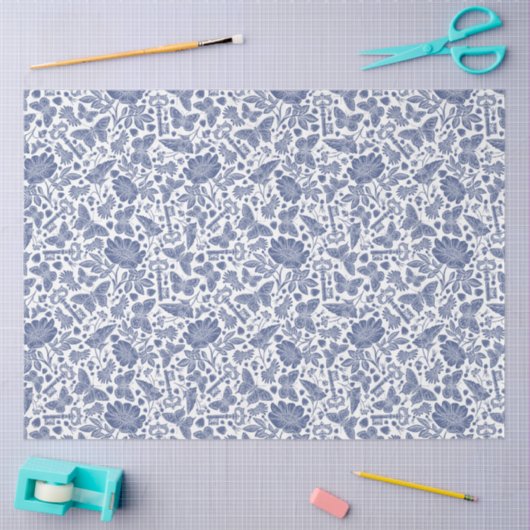 Blauer Blumenentwurf mit Vögeln und Schmetterlinge Seidenpapier (Basteln)