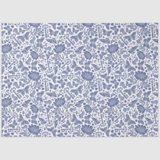 Blauer Blumenentwurf mit Vögeln und Schmetterlinge Seidenpapier (Vorderseite)