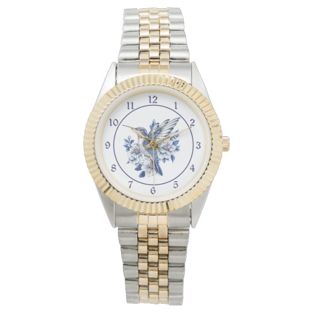 Blauer Blumener Kolibri Armbanduhr (Vorderseite)