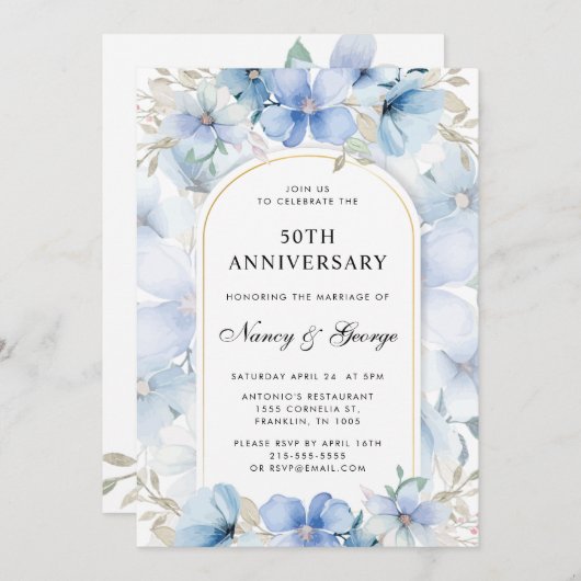 Blauer Blumengarten 50. Hochzeitstag Einladung (Vorne/Hinten)