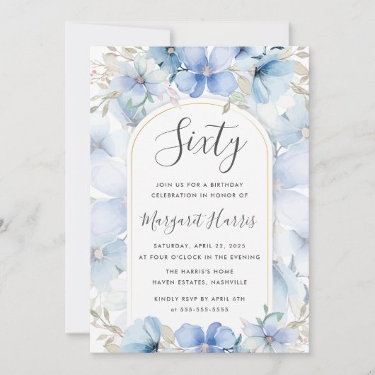Blauer Blumengarten 60. Geburtstag Einladung (Vorderseite)