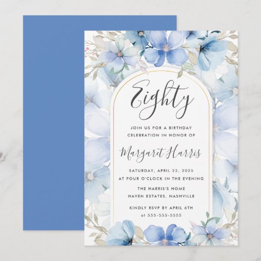 Blauer Blumengarten 80. Geburtstag Einladung (Vorne/Hinten)