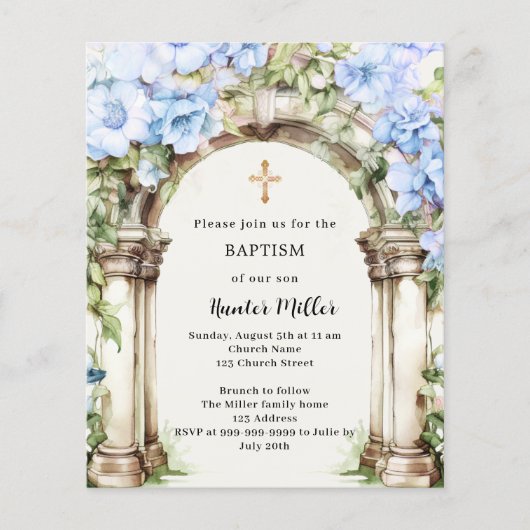 Blauer Blumengarten Beige Junge Taufe Einladung (Vorderseite)