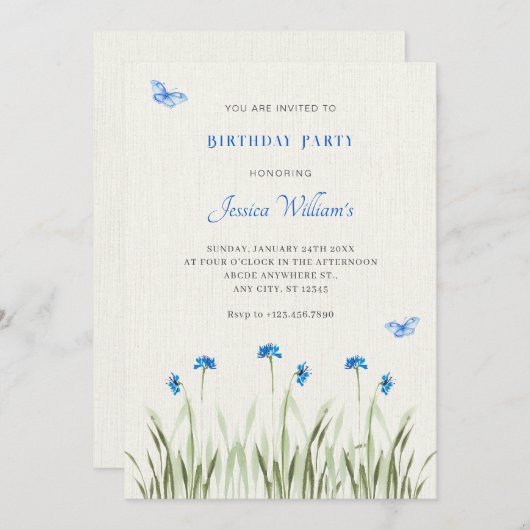 Blauer Blumengarten Einladung (Vorne/Hinten)
