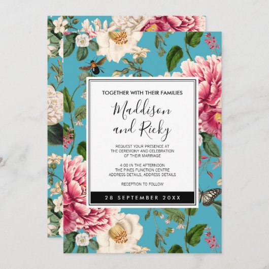 Blauer Blumengarten Einladung zur Hochzeit (Vorne/Hinten)