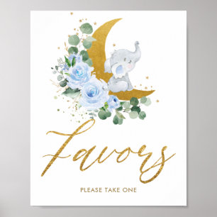 Blauer Blumengarten Elephant Crescent Moon Favorit Poster