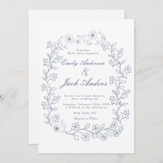 Blauer Blumengarten Hochzeit Save The Date (Vorne/Hinten)