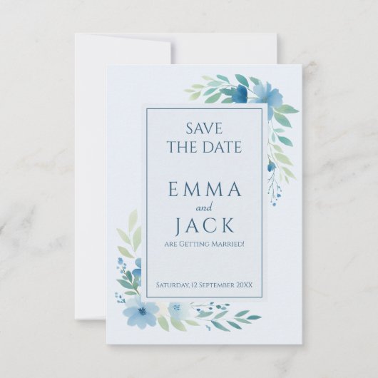Blauer Blumengarten Hochzeitsfeier Save the Date (Vorderseite)