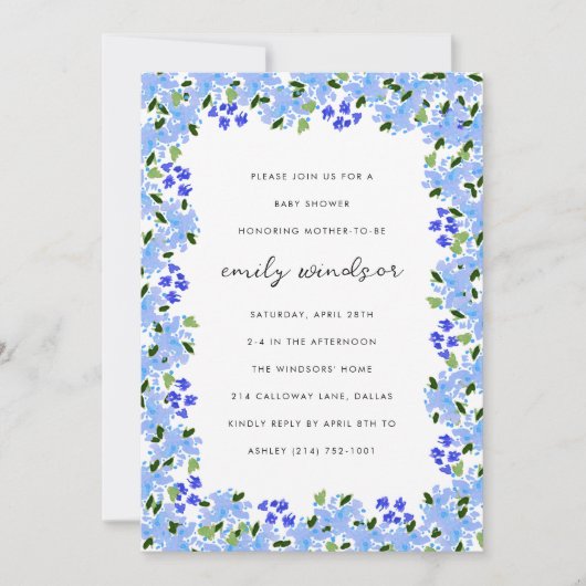 Blauer Blumengarten Kinderdusche Einladung (Vorderseite)