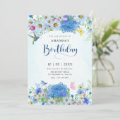 Blauer Blumengarten Wasserfarbe Geburtstag Einladung (Stehend Vorderseite)