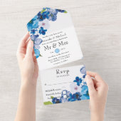 Blauer Blumenhochzeit All In One Einladung (Abreißen)