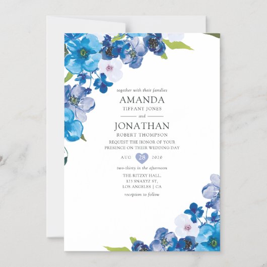 Blauer Blumenhochzeit Magneteinladung (Vorderseite)