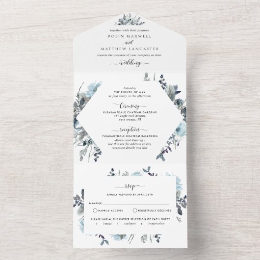 Blauer Blumenhochzeit mit Perforated UAWG All In One Einladung (Innen Boden)