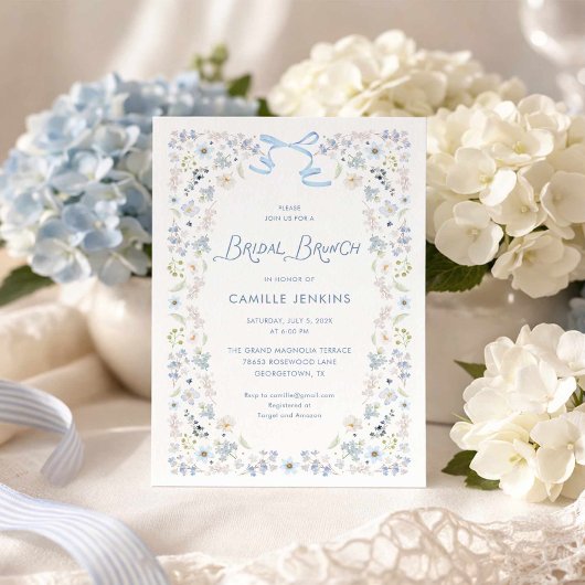 Blauer Blumenhochzeitsbrunch mit Schleife Einladung