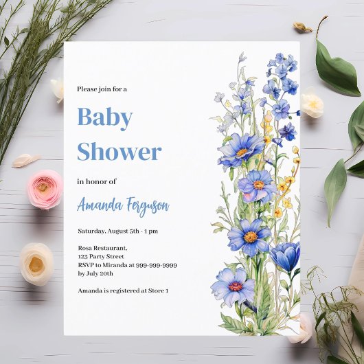 Blauer Blumenjunge Baby Dusche Einladung