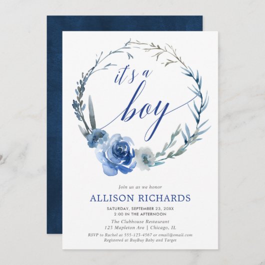 Blauer Blumenjunge Babydusche, Torfkranz elegant Einladung (Vorne/Hinten)