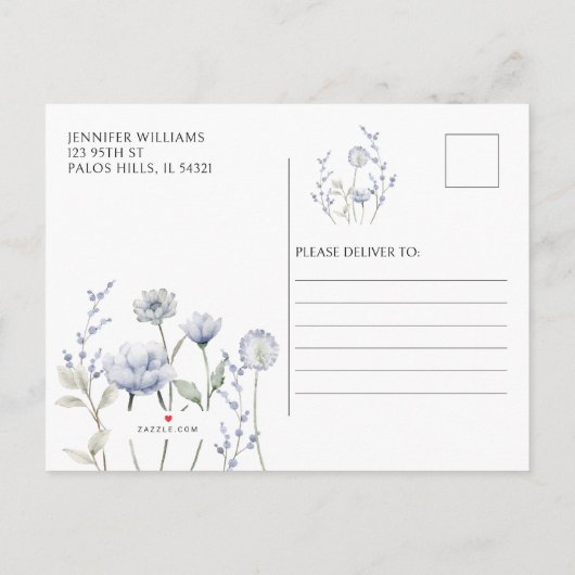 Blauer Blumenjungen Dusche Einladung Postkarte (Rückseite)