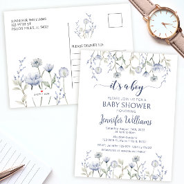 Blauer Blumenjungen Dusche Einladung Postkarte