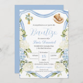 Blauer Blumenjungen Taufe Einladung Spanisch (Vorne/Hinten)