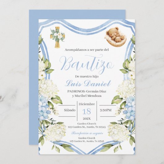 Blauer Blumenjungen Taufe Einladung Spanisch (Vorne/Hinten)