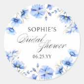 Blauer Blumenkalligrafie-Brautparty Runder Aufkleber (Vorderseite)