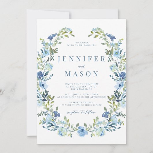 Blauer Blumenkranz Hochzeit Einladung (Vorderseite)