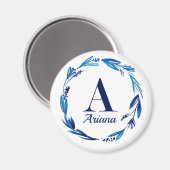 Blauer Blumenkranz Monogramm 'A' Magnet (Vorderseite/Rückseite)