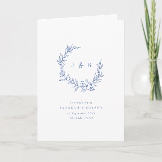 Blauer Blumenkranz Monogramm gefaltete Hochzeit Programm (Vorderseite)