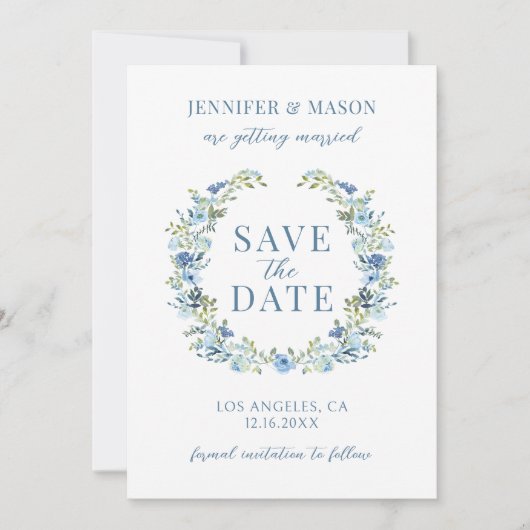 Blauer Blumenkranz Save the Date Einladung (Vorderseite)