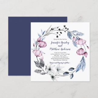 Blauer Blumenkraut Hochzeit in Rosa und Navy Einladung