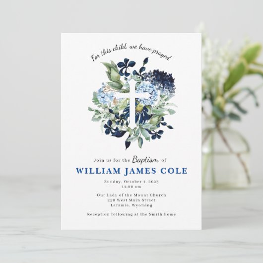 Blauer Blumenkreuz - Einladung (Stehend Vorderseite)