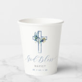 Blauer Blumenkreuz Gott segne Taufe Pappbecher (Vorderseite)