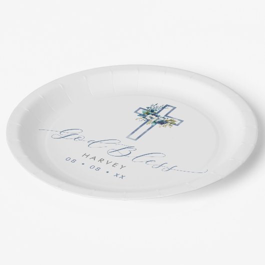 Blauer Blumenkreuz Gott segne Taufe Pappteller (Schrägansicht)