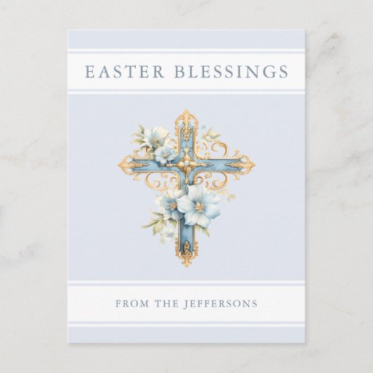 Blauer Blumenkreuz Religiöse Ostersegnung Postkarte (Vorderseite)
