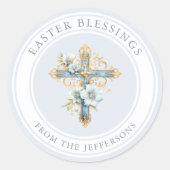 Blauer Blumenkreuz Religiöse Ostersegnung Runder Aufkleber (Vorderseite)