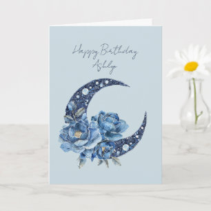 Blauer Blumenmond-Geburtstag Karte