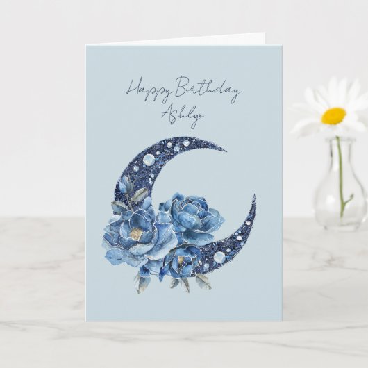 Blauer Blumenmond-Geburtstag Karte (Kleine Pflanze)