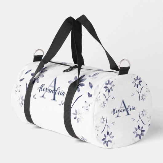 Blauer Blumenmonogramm-Name Duffle Bag (Linke Seite)