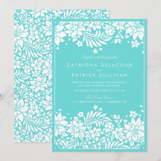 Blauer Blumenmuster Einladung (Vorne/Hinten)