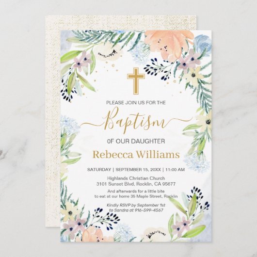 Blauer Blumenpfirsich Blauer Taufe Einladung (Vorne/Hinten)