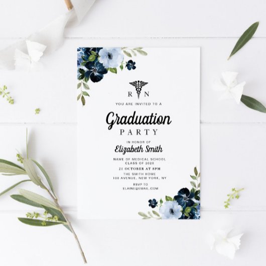 Blauer Blumenpflegestift Graduiertenparty Einladung