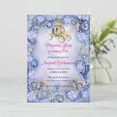 Blauer Blumenprinzess Verzauberte 1. Geburtstag Einladung (Stehend Vorderseite)