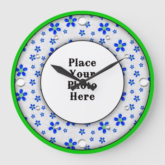 Blauer Blumenrahmen Ihre Foto-Uhr Große Wanduhr (Vorderseite)