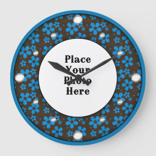 Blauer Blumenrahmen Ihre Foto-Uhr Große Wanduhr