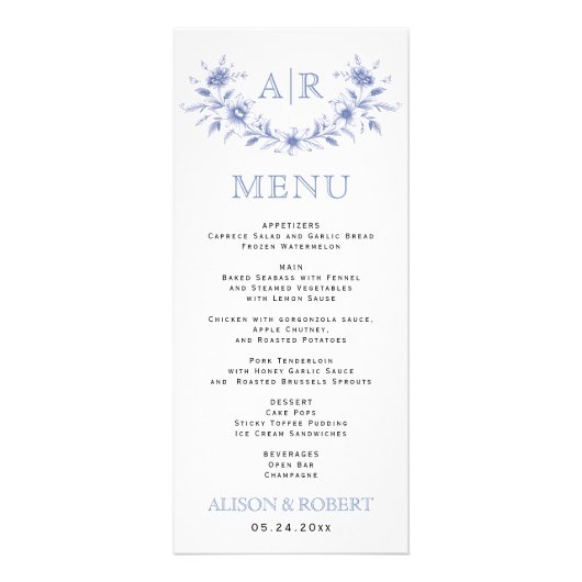 Blauer Blumenrahmen mit Monogramm Hochzeitskarte Werbekarte (Vorne)