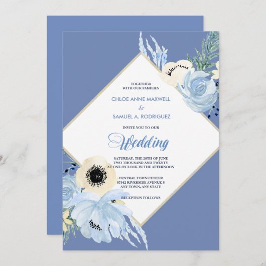 Blauer Blumenrahmen zum Hochzeitsempfang Einladung (Vorne/Hinten)