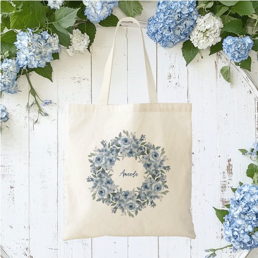 Blauer Blumenreath und Bow Personalisiert Tragetasche