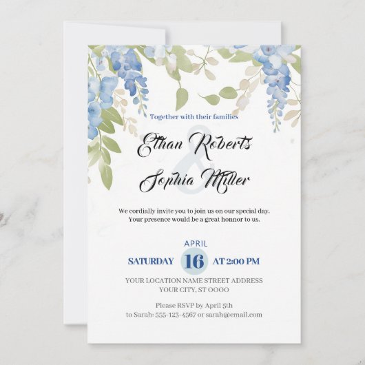 Blauer Blumenromantik Einladung zur Hochzeit (Vorderseite)