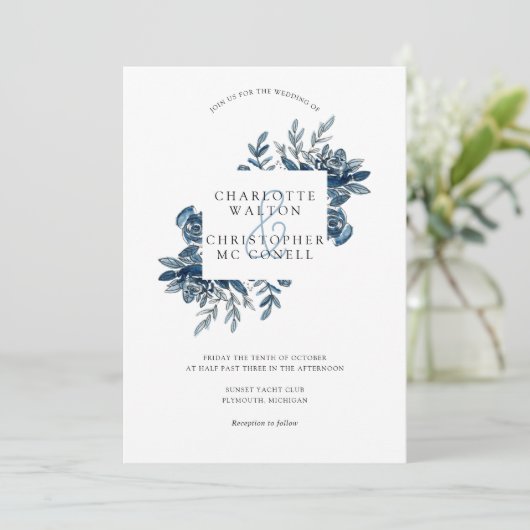 Blauer Blumenstrauch Einladung (Stehend Vorderseite)